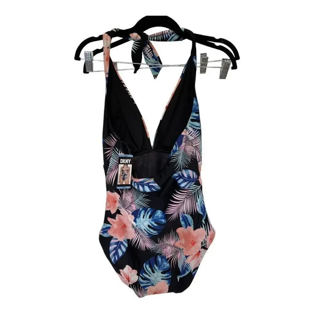 NEW DKNY Women’s Large Halter Shirred Tropical Black Coral Swimsuit NWT‎ - Picture 2 of 4